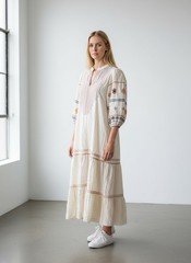 ETHNC Embroidered Cotton Linen Midi Dress Cream Boho Balloon Sleeve Medium