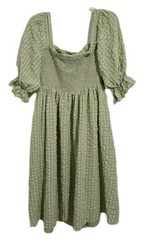 Aura Womens Large Green Check Peasant Cottagecore Puff Sleeves Maxi Dress