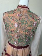 Kaimilan Red Floral Mesh Sheer Embroidered Lace Lantern Sleeve Midi S