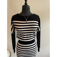 WHBM Striped Knit Blouson Sweater Dress Black White S