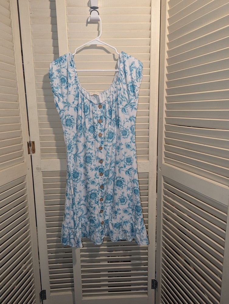 Derek Heart Aqua Blue & White Floral Mini Dress Empire Waist Cap Sleeve Sz XL