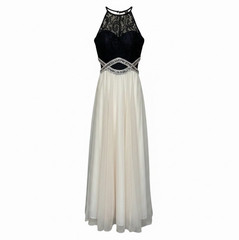 Juniors 3 Black/Ivory Lace Halter Sleeveless Long Gown Dress Beaded