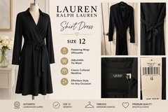 Lauren Ralph Lauren Black Solid Wrap Shirt Dress 12 Collared Belted Tie