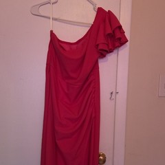 Women&rsquo;s hot pink One Shoulder Ruffle Sleeveless Solid Long Dress Regular
