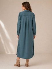 Cloth & Stone Anthropologie Teal Blue Shirt Dress | Large | Frayed Hem | Lyocell