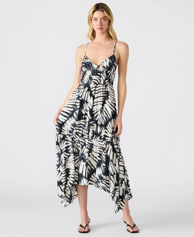 Steve Madden X6708 Womens Printed Jackie Keyhole Midi Dress, Black/White, M