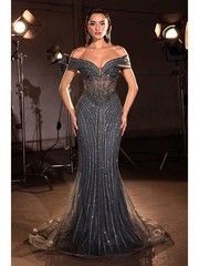 Ladivine – Luxury Off the Shoulder Midnight Grey Beaded Mermaid Gown KV1130