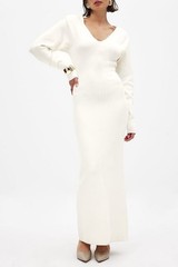 NA-KD Size L Women’s Off-White Knitted Knitted V-Neck Maxi Dress Long Sleeve