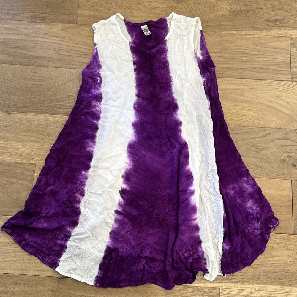 India Boutique One Size Purple Tie Dye Dress Boho Cover Up Embroidered