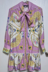 Dalia MacPhee Purple Chain Print Woven Shirt Dress Button Bow Collar Long S