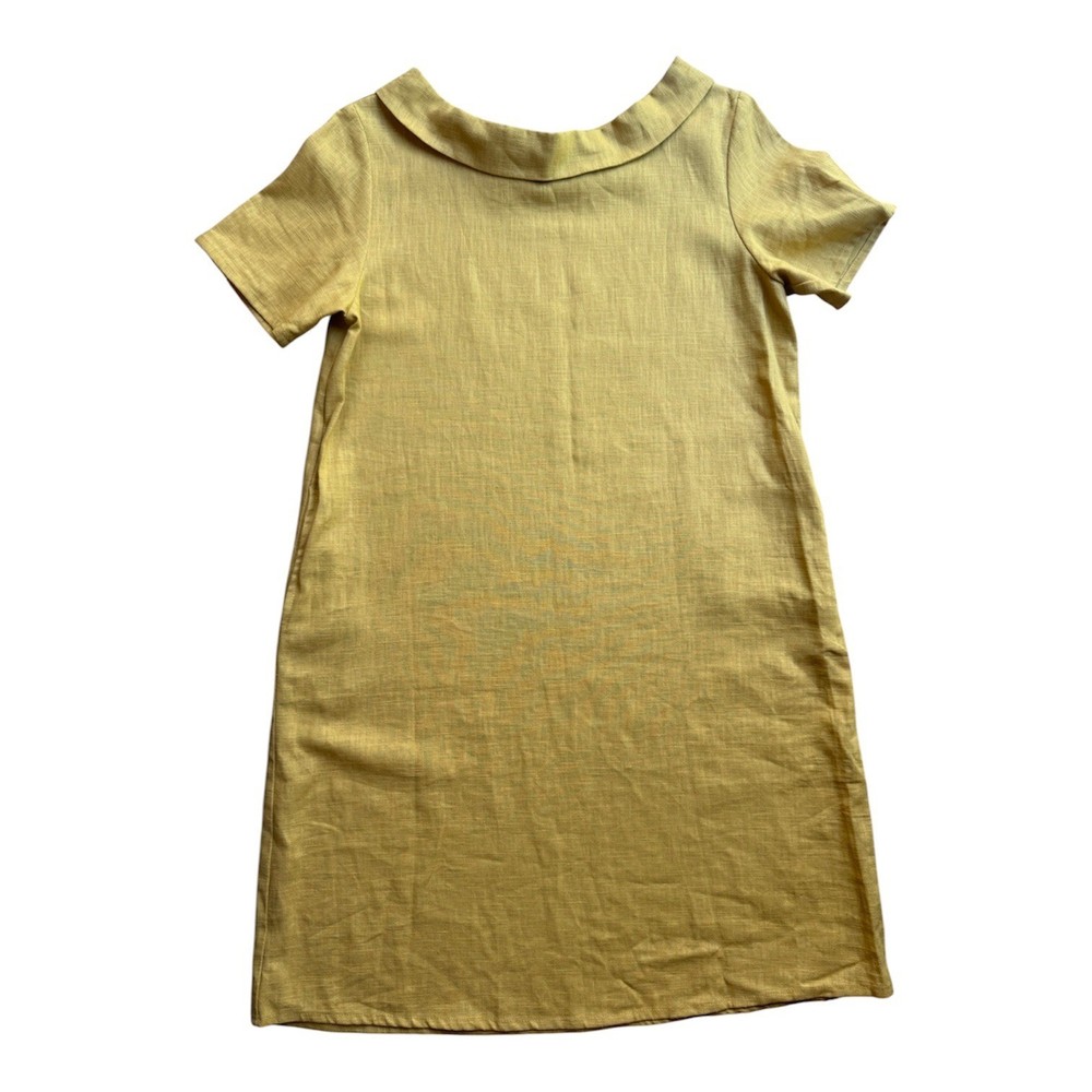 ⁠LeMuse Lithuania Mustard Yellow Linen Cotton Roll Collar Shift Midi Dress M