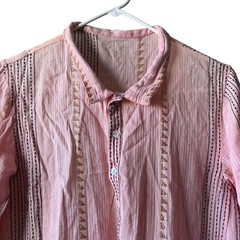 Long Sleeve Collared Pink Gold Metallic Thread Dress Women Medium Beach Bohemian
