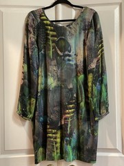 Cluny Dress Womens Large Multicolor Abstract Shift Long Sleeve Silk Modal Lined