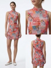 Superdown Ticket Print Mini Dress Womens XXS High Neck Mesh Bodycon Travel Theme