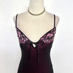 Vintage 1990’s Betsey Johnson Black & Pink Swiss Dot Mesh Floral Slip Dress S