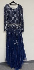 Mac Duggal 18W Sequin V Neck Navy Midnight Longsleeve Ball $598 Dress 4977 New