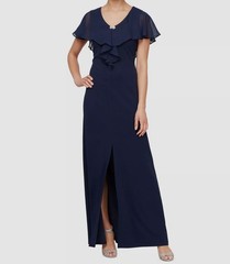 SLNY Women&rsquo;s Blue Chiffon Cape-Overlay Long Dress Petite Size 16P