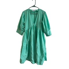Livro Mint Green Blue 100% Cotton Puff Sleeve Dress Sz M Midi V-Neck NIce!