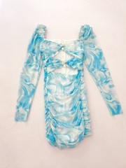 ​SAGAZA Blue Marble Mesh Bodycon Mini Dress XS Ruched Cutout Long Sleeve Party