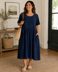 NWT Mordenmiss Navy Cotton Linen Tunic Lagenlook Midi Dress with Pockets (XL)