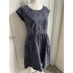 Mata Traders Dress Women Navy Blue Embroidered Cotton Ikat Print Boho India M