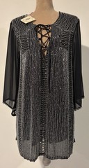 Muche et Muchette Black Silver Beaded Tunic Dress Lace Up Sheer Sleeve Boho OS