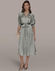 Donna Karan Satin Button-Front Collar Shirt Dress. Size 8. Weathered Sage. $199
