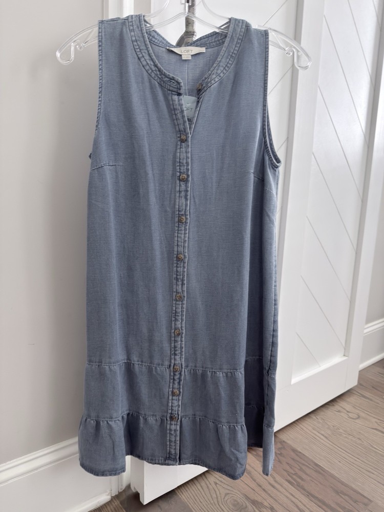 LOFT Chambray Button Front Dress W Size Petite Small Ruffle Hem Sleeveless