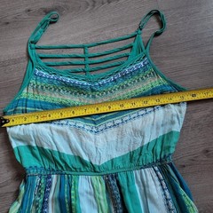 Teal Green Blue Striped Maxi Dress size Small Boho Sleeveless Slit Pockets
