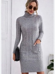 Gray Cable Knit Turtleneck Sweater Dress