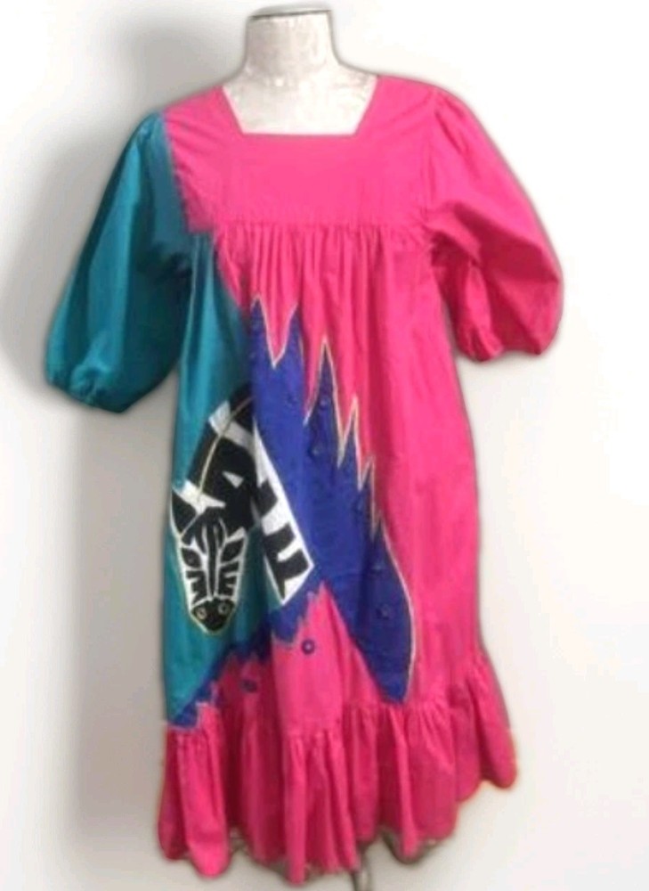 Vintage Raquel Unger Muumuu House Dress Zebra Applique Colorblock XS