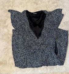 Express Black White Polka Dot Wrap Midi Dress XS Flutter Sleeve V-Neck