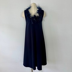 Camilyn Beth Feather Trim Crepe A-Line Shift Dress High-Low Hem Navy Blue 2