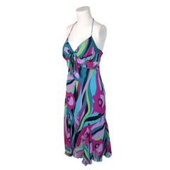 Sz 10 Vintage Y2K 90s Psychedelic Retro Floral Print Purple Halter Dress Bisou