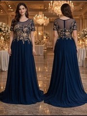 Betsy & Adam Navy Blue Gold Embellished Bodice Chiffon Gown Dress Size 20W $289
