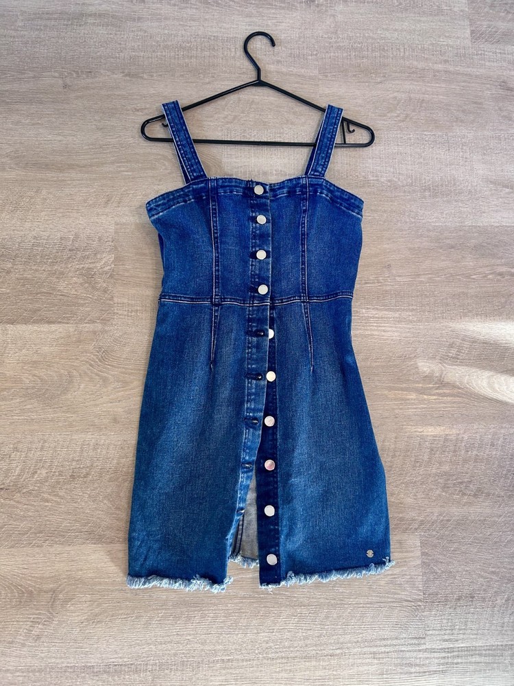 Volcom Denim Mini Dress Blue Button Front Raw Hem Sleeveless Medium Wash Size S