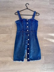 Volcom Denim Mini Dress Blue Button Front Raw Hem Sleeveless Medium Wash Size S