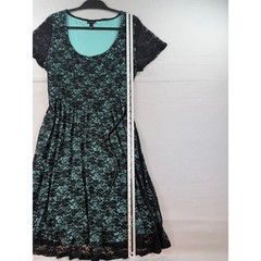 Torrid Black Lace Teal Lining Fit Flare Dress Belted Plus Size 1 XL Short Sleeve