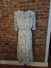 Delicate Flowy Light Blue & White Midi Dress With Layered Collar & Tie With Bow