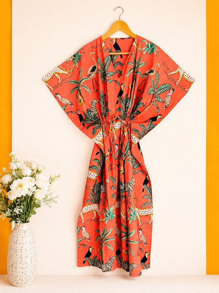 Animal Print Cotton Kaftan Women Beach Cover Up Bohemian Summer Dress