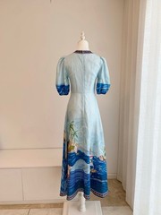 Alemais 2026 Linen Blue Ocean Print Short Sleeve Midi Dress New Summer