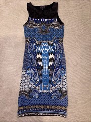 Hale Bob Dress Womens Sz M Blue Paisley Geometric Faux Leather Laser Cut Knit