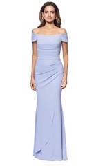 Xscape Women&rsquo;s Sky Blue Ruched Off-Shoulder Long Gown Dress Size 4
