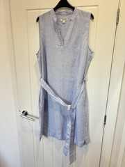 M&S JAEGER BLUE LINEN TIE WAIST MIDI SHIRT DRESS WOMENS LADIES SIZE 18