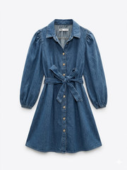 ZARA Women&rsquo;s XS Denim Shirt Dress Puff Long Sleeve Button Front Tie Belt Pocket