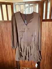 Boohoo Chocolate Brown Chiffon Mix Panelled Dress Tiered Ruffle Hem Size 10 NWT