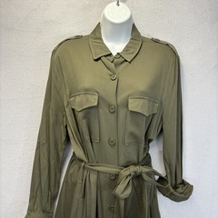 BB Dakota Belted Maxi Shirt Dress Womens Medium Green Military Pockets Utility