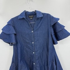 STEP IN STYLE Tunic Shirt Dress Size M Chambray Rhinestone Ruffle Swing Rustic