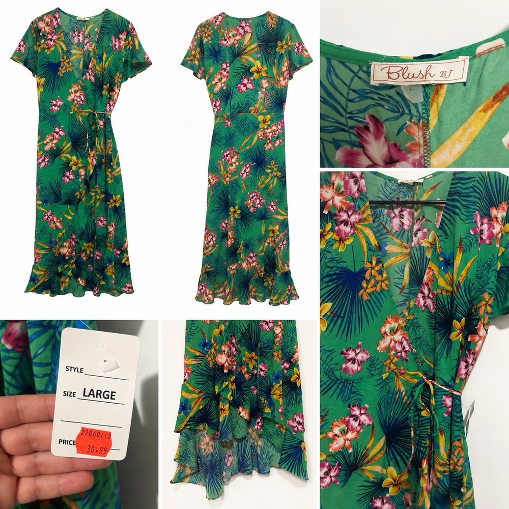 Blush BJ Green Multicolor Floral Wrap Midi Dress Short Sleeve V-Neck Tie L