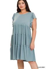 1X 2X 3X Women&rsquo;s Short Ruffle Sleeve Tiered Short Dress Relaxed Fit Knee Length